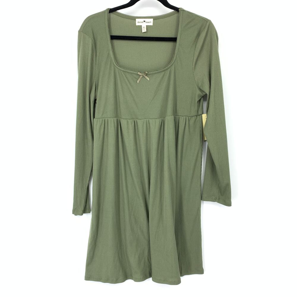 Derek Heart Dress Womens XL Green Ribbed Knit Square Neck Long Sleeve Babydoll